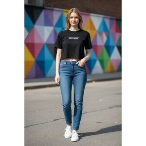 NEW Booty Factory Womens L Black Graphic Crop Top Tee 100% Cotton Athletic Gym